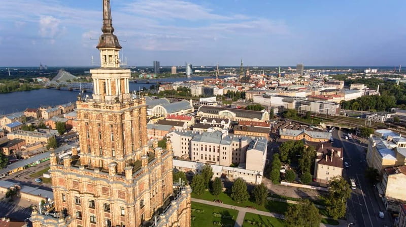 Riga rooftops and church spires from the Academy of Sciences deck